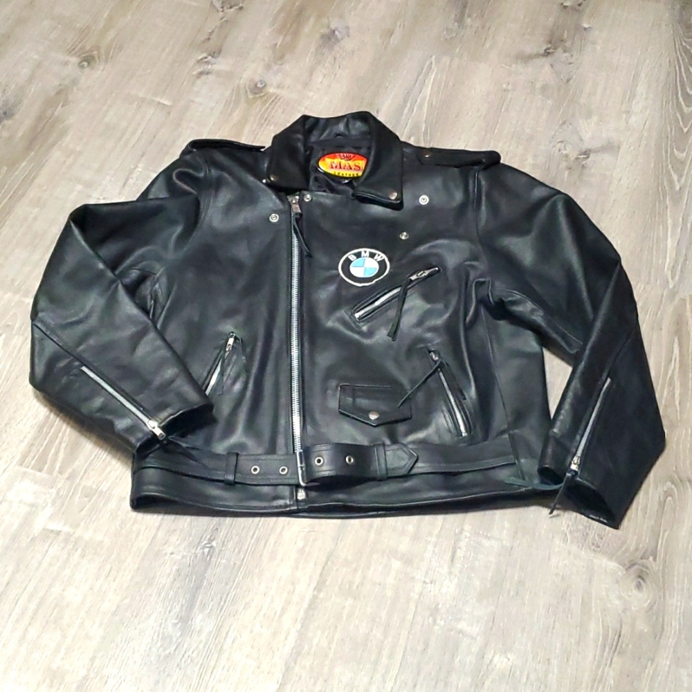 MAS Leather Men’s Black Genuine Leather Jacket Size L Full Zip Moto Bomber Coat